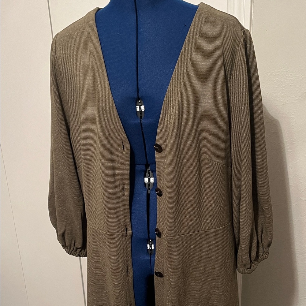 Loft Olive Green Ribbed Button-Front Dress w/ 3/4 Sleeves NWT | Size XL - Picture 10 of 15